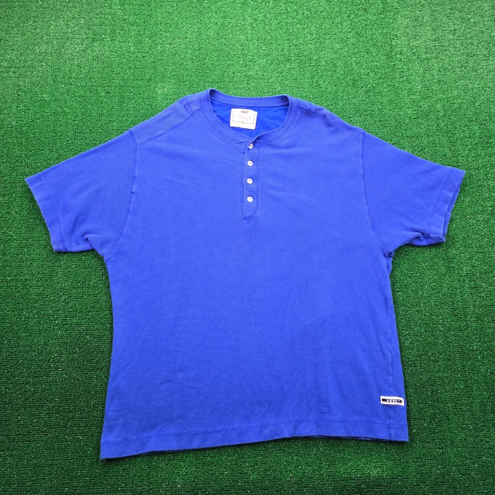 Levis Henley Shirt Mens XL Blue Short Sleeve Vintage 90s Ribbed Western Cowboy